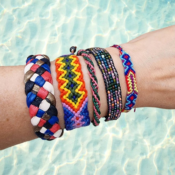 Woven Friendship Bracelets Set of 4 Cotton Silk String Bands Glass Wristband