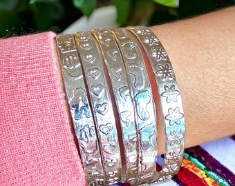 Embossed Mexican Silver Stackable Bangles - Featuring Engraved Hearts, Dolphin, flower, Horoscope -Artisan Textured Silver Plated Bangles