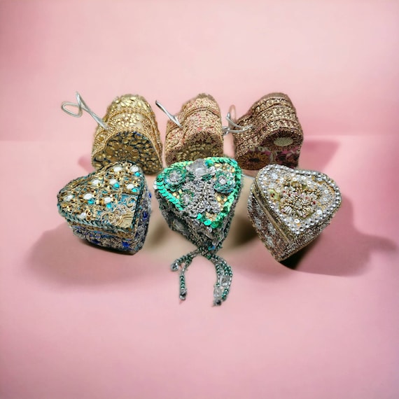 Hand Crafted Trinket Wooden Hand decorated Box Heart Shaped Sequin Beaded Jewellery Box Floral Pattern