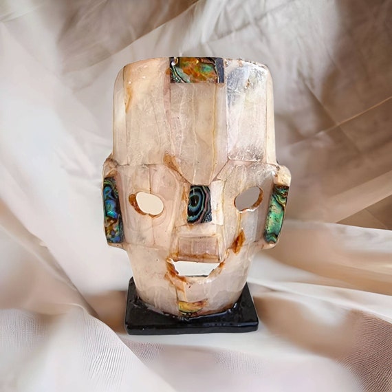 Mayan Mask | Mayan Mother of Pearl And Quartz Mask | Abalone Shell Inlay | Mexican Ornament | Fair Trade | Handmade Mask | Mosaic Mask