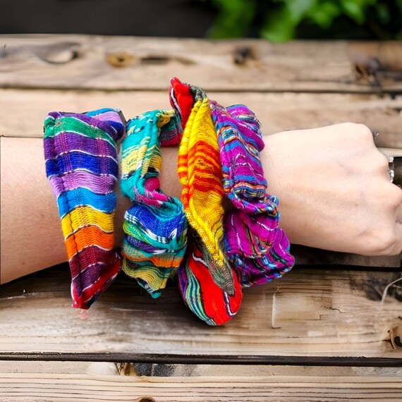 Multicolour Striped Hair Ties/ Bright Scrunchies/ Guatemalan Fabric Hair Bobbles/ Ethnic Scrunchy/  Ponytail Holder/ Soft Elastic Bun Wrap