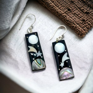 Celestial Earrings, Landscape Earrings, Black, Abalone Inlay,  Rectangle Earrings, Starry Night Design, Silver Plated, Paua Shell Jewelry