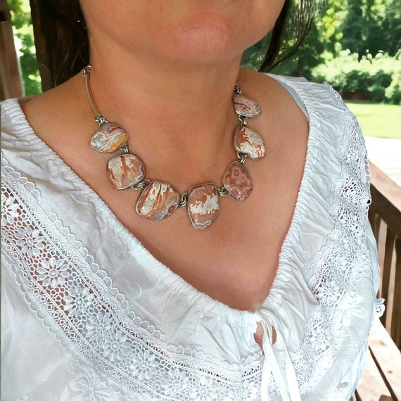 Sterling Silver .925 Bib Statement Necklace With Mexican Crazy Lace Agate Gemstone Healing & Protection Stone
