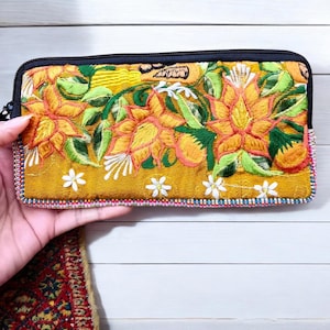 Guatemalan Huipil Wristlet Purse – Embroidered Floral Clutch Bag – Handmade Padded Travel Wallet – Boho Festival Zip Pouch - Mustard Colours