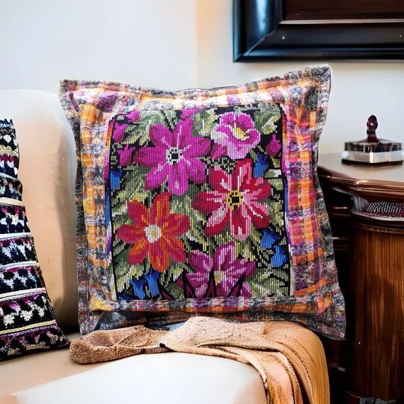 Floral Cushion Cover-Guatemalan Cushion-Huipil Pillow Cover- Boho Cushion -  Lily Flower Cushion Cover- Tribal Pattern-Ethnic Tribal Pattern