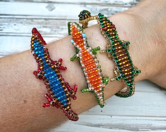 Lizard Bracelet, Gecko Beaded Bracelet, Glass Beaded Wristband, Iguana Bracelet, Animal Bracelet, Best Friend Bracelet, Bohemian Bracelet