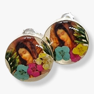 Madonna Round Earrings, Virgin of Guadalupe Jewellery, Our Lady Of Guadalupe Gift, Catholic Religious Earrings, Floral Resin Stud Earrings