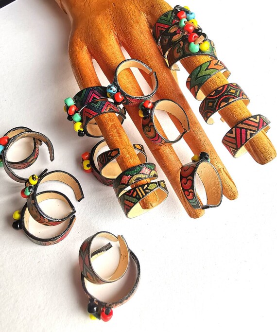 Leather Rings- Beaded Rings,  Lot of 5,10, Boho Chic Jewelry, End of School Gifts, Party Favours, Adjustable Rings, Multi Colour Bands