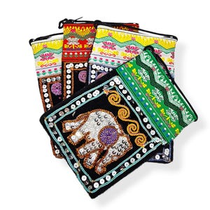 Pailletten-Elefant-Geldbörsen- Große Geldbörse- Kurzer Riemen- Boho Chic-Münztasche- Geldbörse mit Reißverschluss- Hippie-Beutel- Ethnische Geldbörse- Kreditkartenhalter
