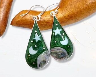 Green Celestial Earrings, Landscape Earrings, Starry Night Design, Abalone Shell Inlay, Silver Plated, Silver Abalone Earrings, Paua Dangles