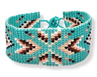 Huichol Beaded Bracelet / Brown Turquoise Colour / Weaved Southwest Style /  Arrowhead Pattern / Bohemian /Artisanal Desert Jewellery