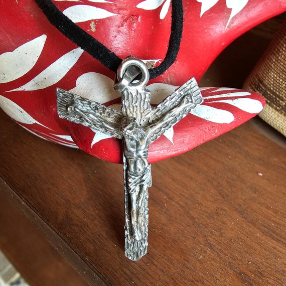 Jesus Christ Crucifix, Sterling Silver Cross Pendant On Black Suede Cord 1950s Vintage, Mexican Silver Cross, Religious Jewellery