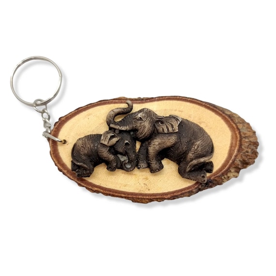Elephant And Baby Keyring/ Wooden Elephant Family Keyring/ Carved Animal Keychain/ Elephant Lovers/ Thai Keyring/ Elephant Gifts/Lucky Charm
