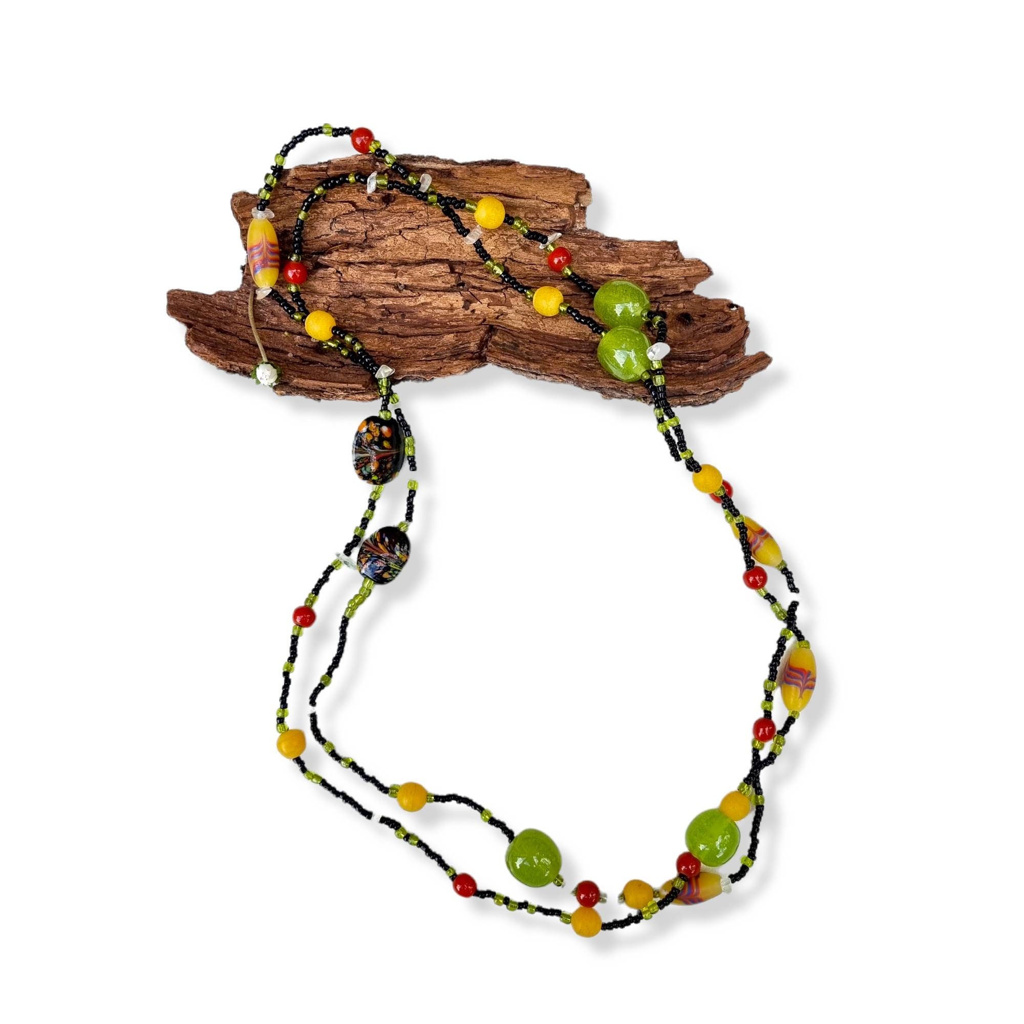 Collier Bohème 56cm Perles D’eau Douce Verre Lampwork – Couleurs Automne : Ambre, Caramel, Jaune, Marron