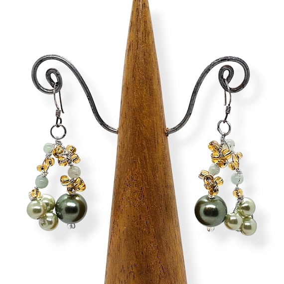 Green Jade and Faux Pearl Earrings, With Glass Yellow Beads
