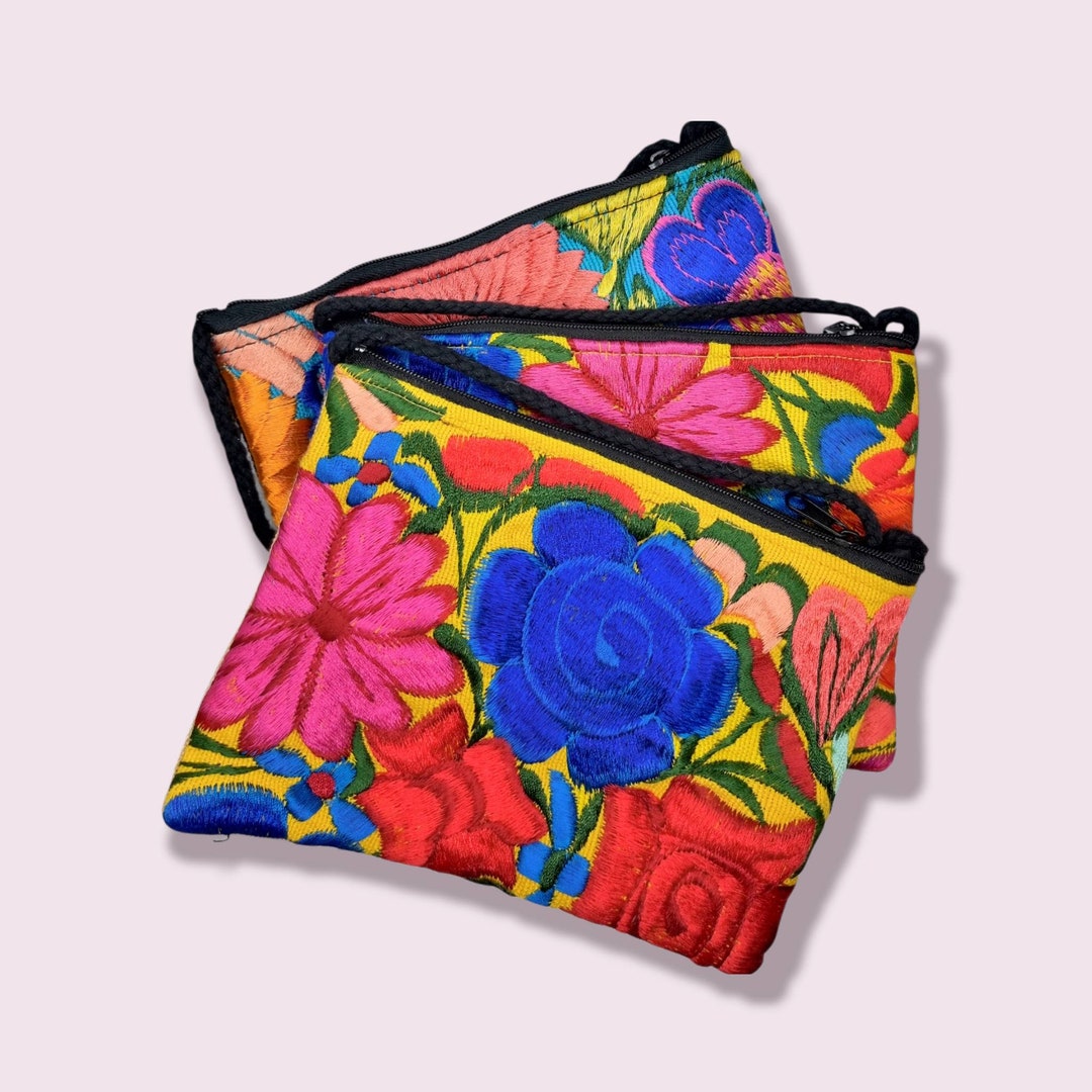 Embroidered Floral Purse, Cotton, Zippered Bag, Embroidered Flower Bag, Botanical Purse, Ethnic