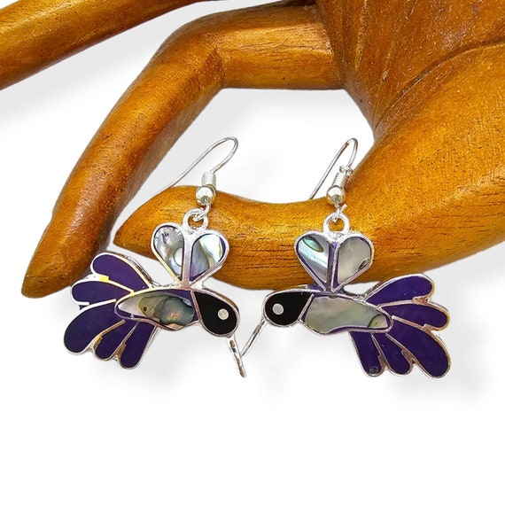 Mexican Abalone Shell Earrings, Hummingbird Design