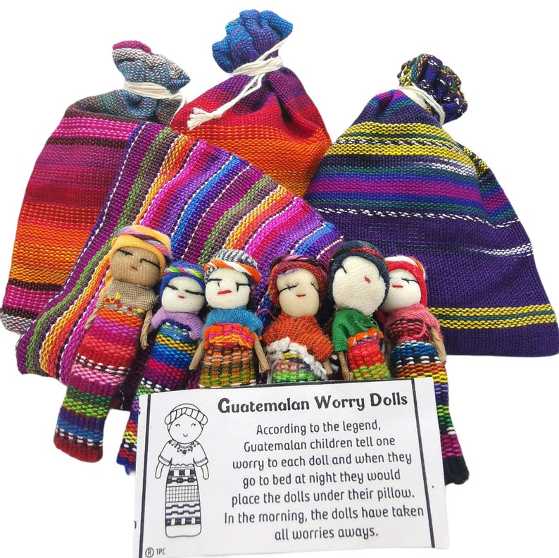 Worry Dolls-6 Dolls 1 Bag-Guatemalan-Large doll-Trouble dolls-Worry People-Best friend gift-Birthday Gift-Anxiety Gift-Worry Doll-Ethnic image 3