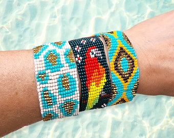 Huichol Flat Beaded Bracelet Multi Colour Geometrical Design Peyote Stitch 
