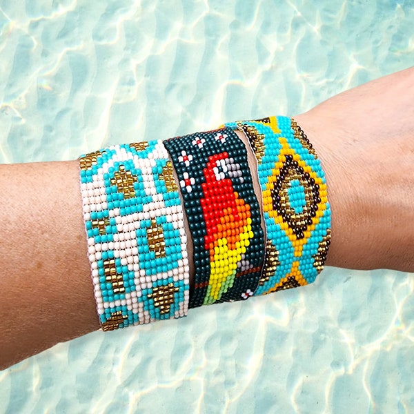Huichol kralenarmband, meerkleurige armband, geometrisch ontwerp, Peyote Stitch, vriendschapsarmband, Mexicaanse armband, Boho Band