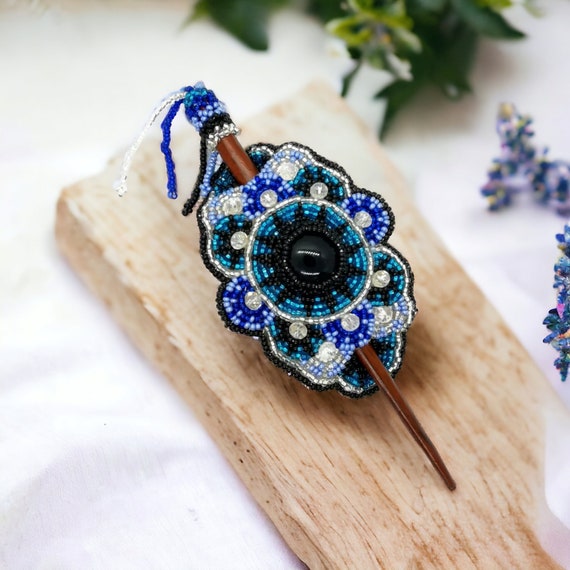 Handmade Hair Clip With Stick Barrette - Two Tone Blue and Black Color