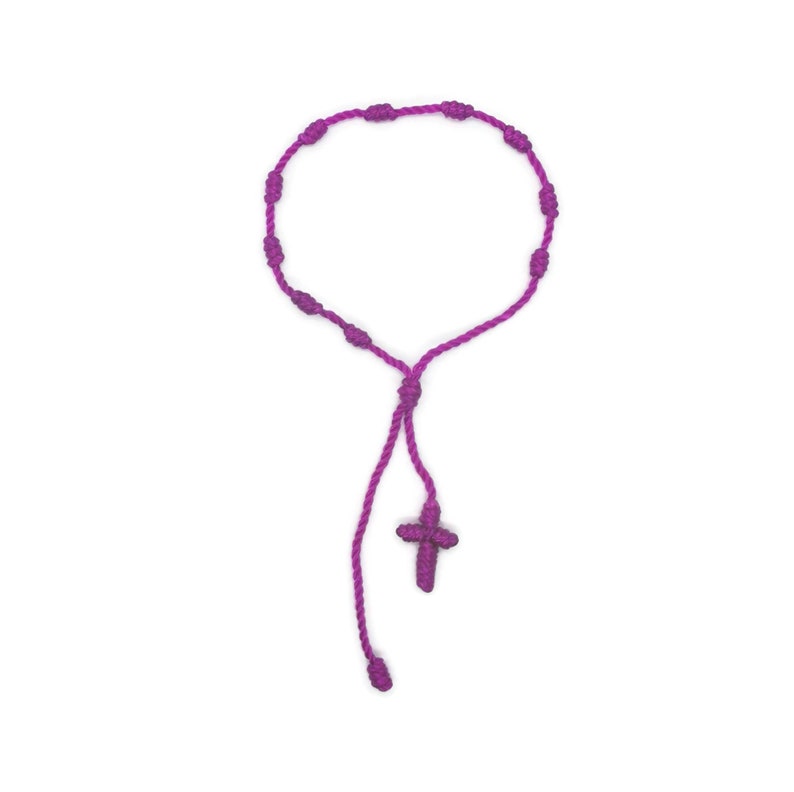 Knotted Rosary Bracelet, Mexican Bracelet, Handmade Bracelet,Baptism, Decenario Bracelet, First Communion, Religious, Prayer, Cross Bracelet Purple color
