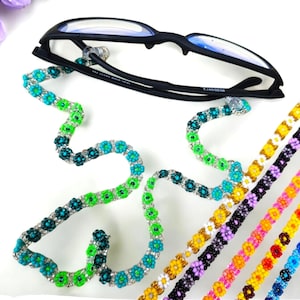 Beaded Daisy Eyeglass Lanyard or Holder - Eyeglass Leash- Rainbow Neon Eyeglass Chain- Ethnic Sunglasses String- Woven Eyewear Holder-Boho