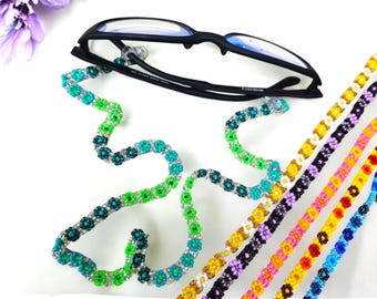 Beaded Daisy Eyeglass Lanyard or Holder - Eyeglass Leash- Rainbow Neon Eyeglass Chain- Ethnic Sunglasses String- Woven Eyewear Holder-Boho