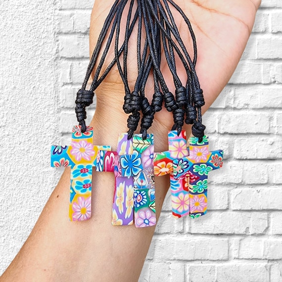 Rubber Cross Pendant/ Floral Pattern/  Beach Jewelry/ Unisex Surfer Necklace/ Handmade Beach Jewellery/ Boho Black Cord Necklace