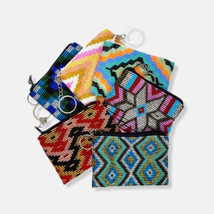 Huichol Beaded Coin Purse Keychain, Huichol Purse, Key Ring Change Pouch, Geometrical Design, Multi Colour Wallet, Fair Trade, Mexican