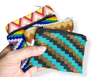 Handcrafted Beaded Coin Purse Keychain with Geometric Design - Boho Bags, Small Fair Trade Pouch for Her -Zig Zag Design -Small Gift For Her