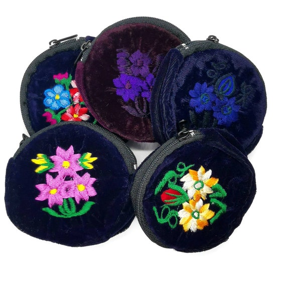 Small Round Velvet Coin Purse, Floral Design, Circle Coin Bag, Embroidered Coin Purse, Dark Blue, Purple Pouch, Handmade Coin Purse, Boho