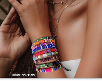 Surfer Bracelet/ Beach Bracelet/ Fabric Tube Bracelet/ With Adjustable Sliding Knot/ Guatemalan Wristband/ Bohemian Ethnic Bracelet/ Tribal