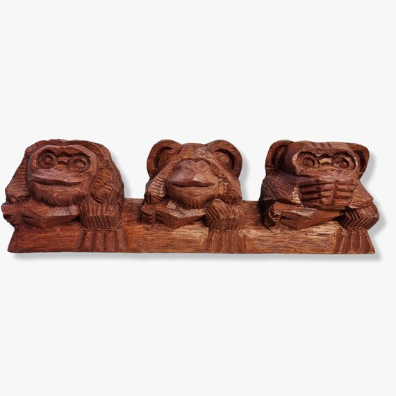 Three Wise Monkeys | See Hear Speak No Evil Figurines | Home Decor | Wood Sculpture | Monkeys on A Plinth | Fair Trade | Handmade Art | Boho
