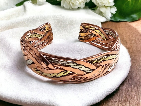Copper and Brass Twisted Braided Bangle Cuff Bracelet