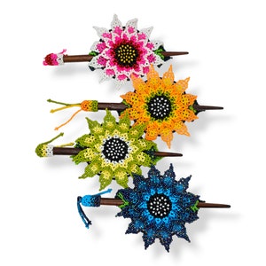 Floral Beaded Hair Slide With Wooden Pin or Stick, Bohemian Hair Barrette, Sunflower Design, For Bridesmaids, Artisan Made Nature Inspired