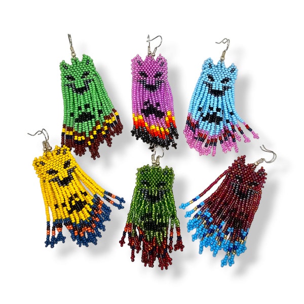 Wolf Shaped Seed Beaded Earrings/ Fringe Mexican Huichol Earrings/ Ethnic Tribal Earrings/  Bohemian Dangles/ Long Dangle Earrings/ Boho