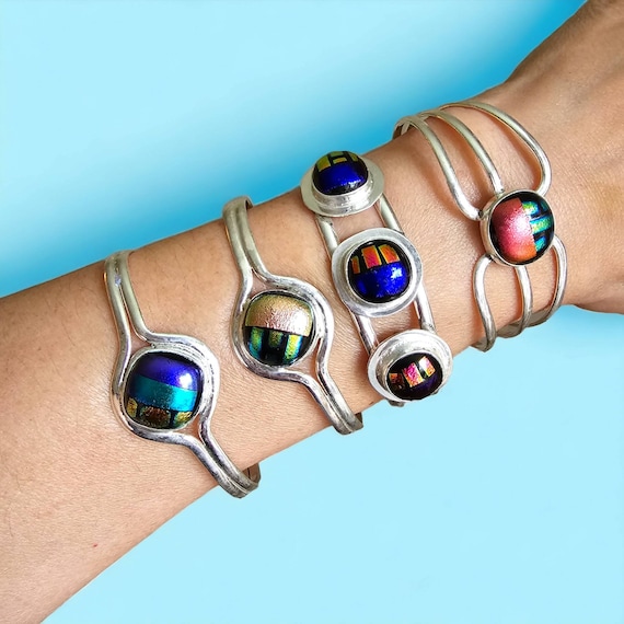 Colourful Dichroic Glass Silver Plated Bracelet Adjustable Multicolour Round Shape Decoration Mexican Jewellery Cuff Bracelet For Her