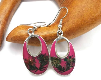 Floral Resin Earrings, Dried Flowers Earrings, Oval Shape, Pink Colour,  Floral Design, Silver Plated, Mexican Jewelry, Bohemian Dangles