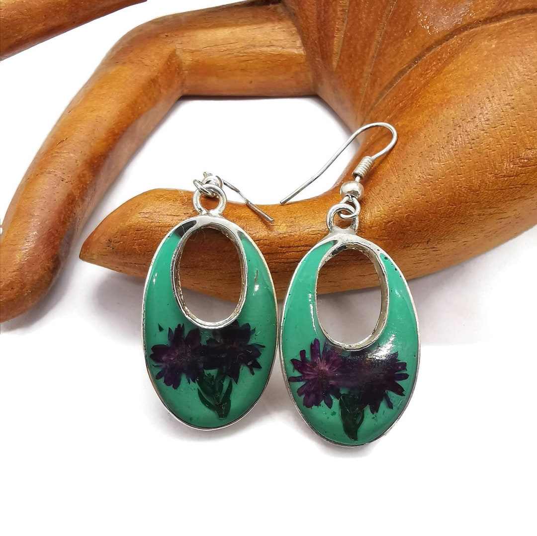 Floral Resin Earrings, Dried Flowers Earrings, Oval Shape, Green Colour