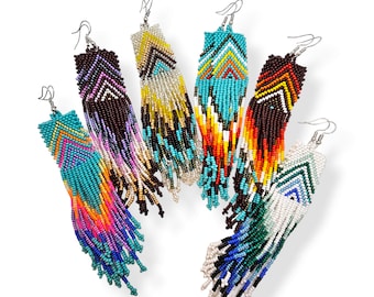 Handcrafted Boho Tassel Earrings, Long Beaded Fringe Statement Dangle Earrings, Rectangular Beadwork Design, Geometric Pattern, Beaded Gift