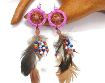 Pink Dreamcatcher Earrings - Boho Chic Beaded Feather Dangles - Handmade Bohemian Dreamcatcher Jewelry - Unique Feathered Boho Earrings