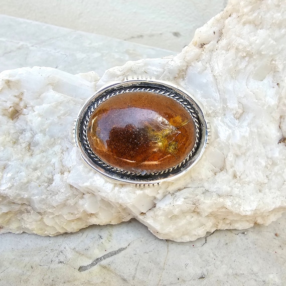Vintage 1950's Sterling Silver Honey Amber Oval Brooch, Artisan Made, Healing Amber Jewelry, Silver Gift For Her