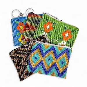 Handcrafted Beaded Coin Purse Keychain with Geometric Design - Boho Bags, Small Fair Trade Pouch for Her -Zig Zag Design -Small Gift For Her