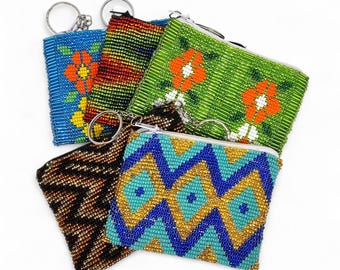 Handcrafted Beaded Coin Purse Keychain with Geometric Design - Boho Bags, Small Fair Trade Pouch for Her -Zig Zag Design -Small Gift For Her