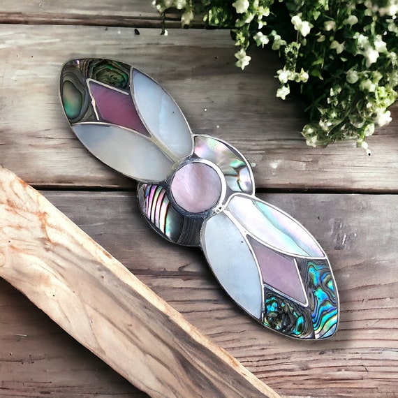 Mexican Shell Hair Clip with Mother of Pearl Barrette, Tulip Motif