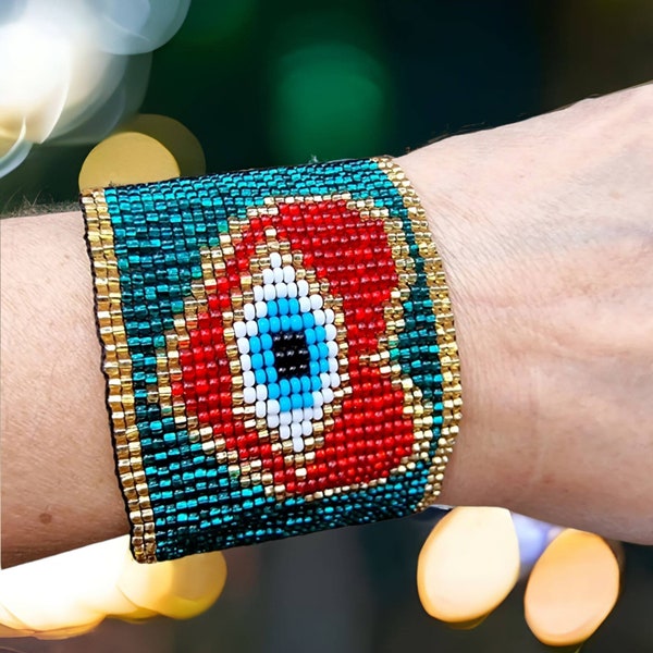 Evil Eye Beaded Bracelet, Heart  Motif Cuff, Blue/Green Golden Colour, Wrap Cuff, Extra Wide, Adjustable Bohemian Jewelry Statement Bracelet