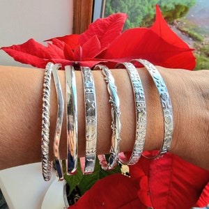 Embossed Mexican Silver Stackable Bangles - Featuring Engraved Hearts, Twisted, Leaves, Horoscope -Artisan Textured Silver Plated Bangles