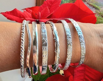 Embossed Mexican Silver Stackable Bangles - Featuring Engraved Hearts, Twisted, Leaves, Horoscope -Artisan Textured Silver Plated Bangles