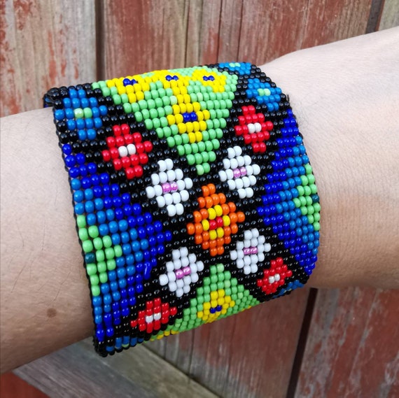 Multi Colour Flat Floral Beaded Bracelet Wide Unisex